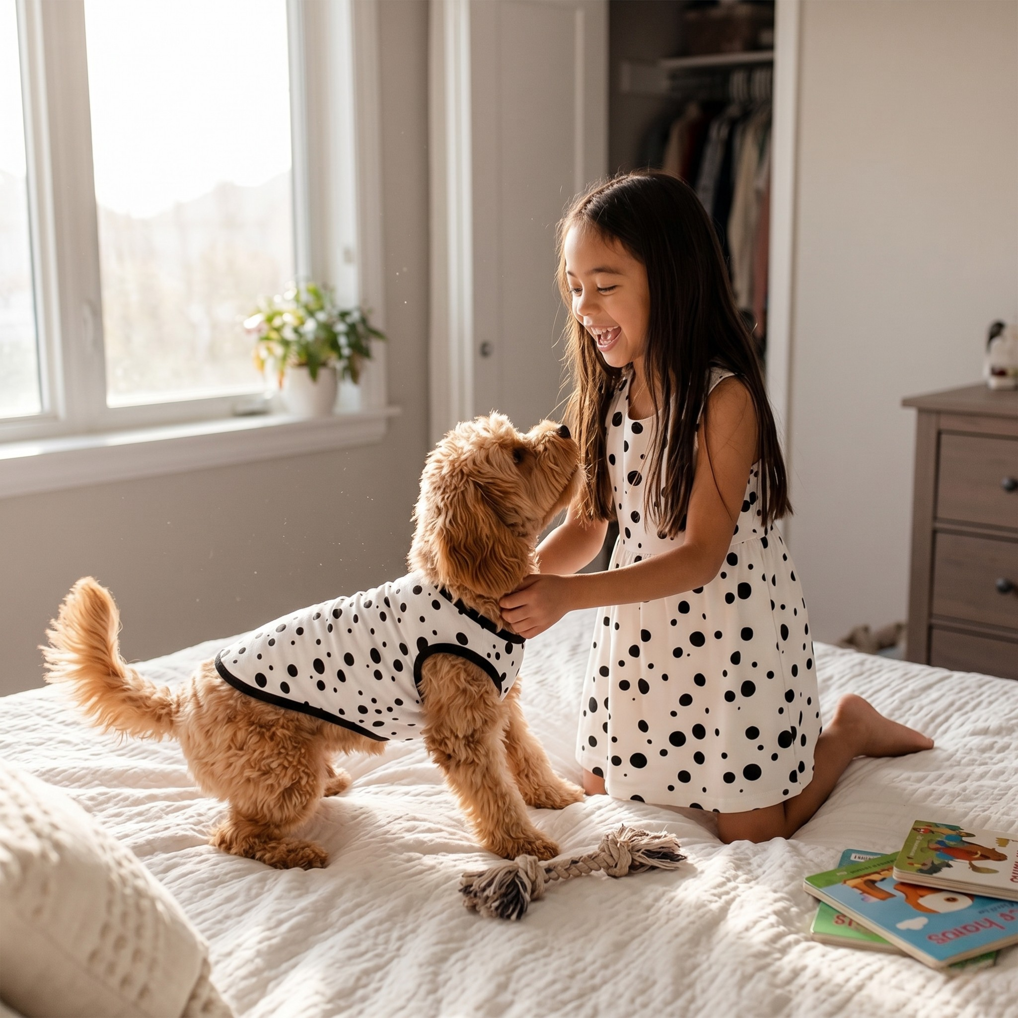 Polka Dot Women's & Kid's Dresses with Dog Tank