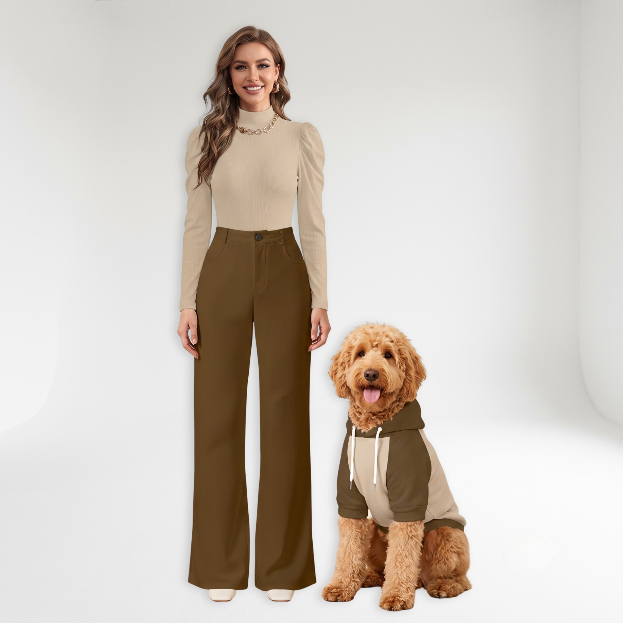 Beige & Brown Bodysuite and Pet Hoodie