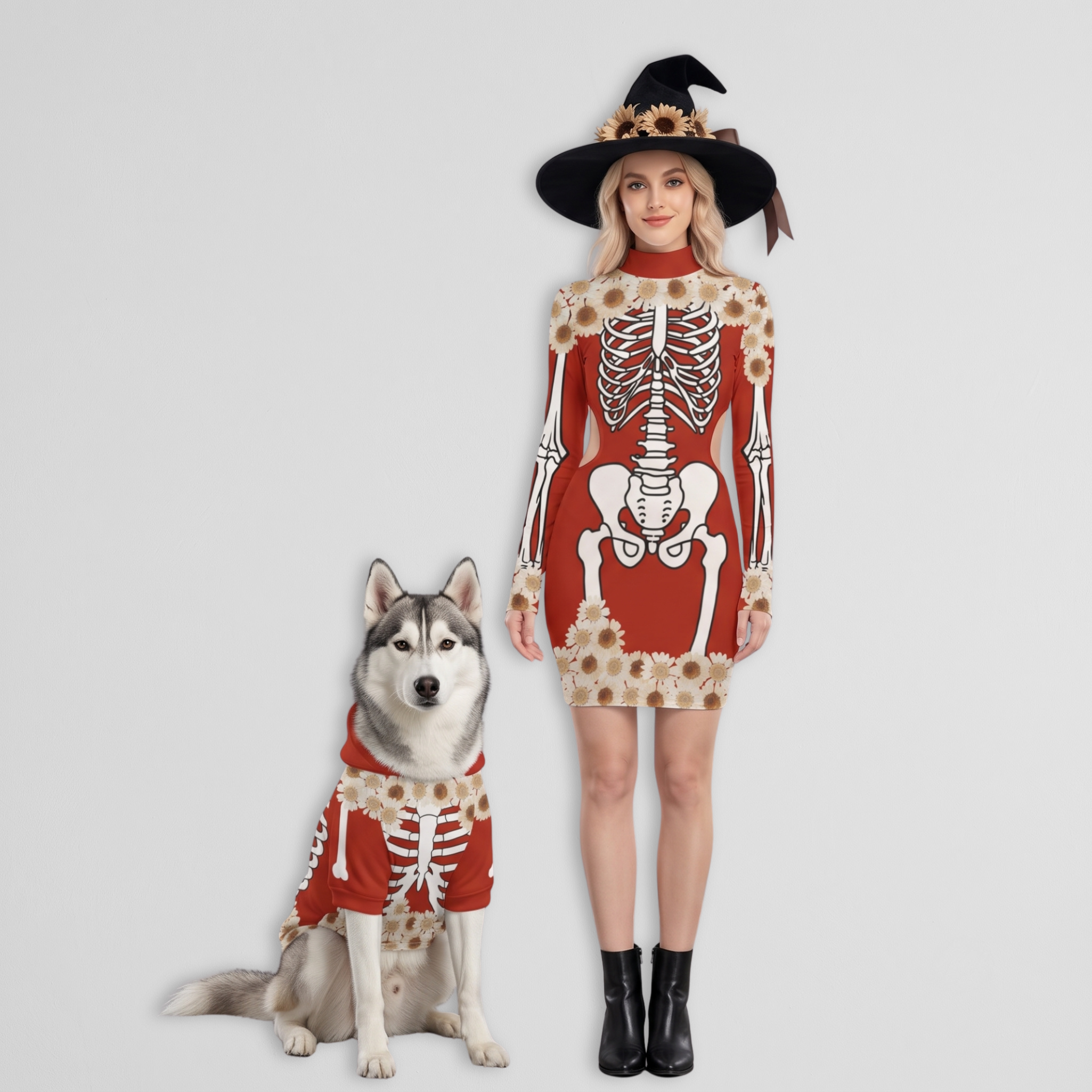 Red Skeleton Dress & Pet Hoodie