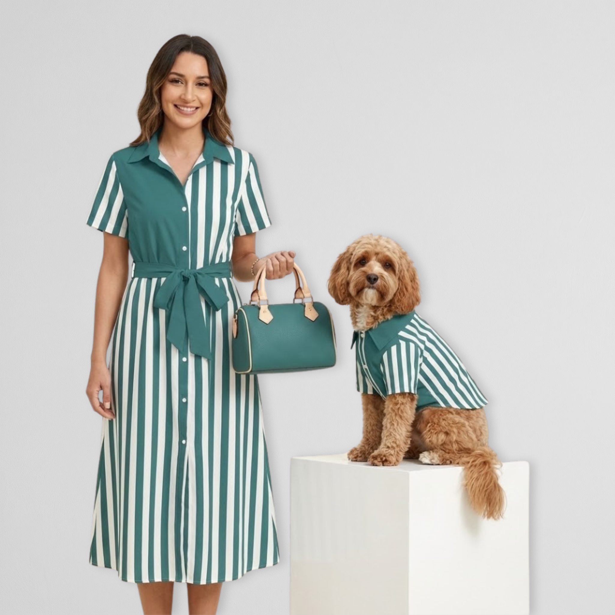 Teal Striped Dress & Pet Shirt