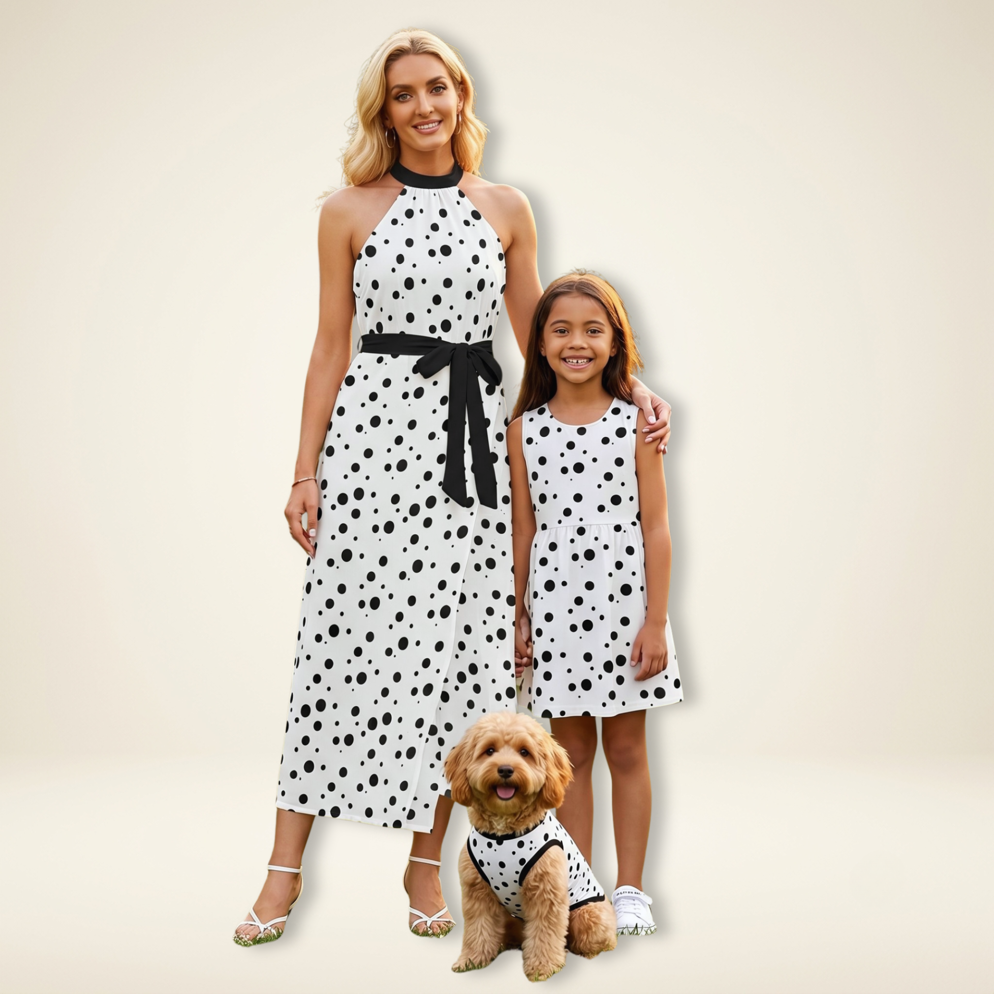 Polka Dot Women's & Kid's Dresses with Dog Tank