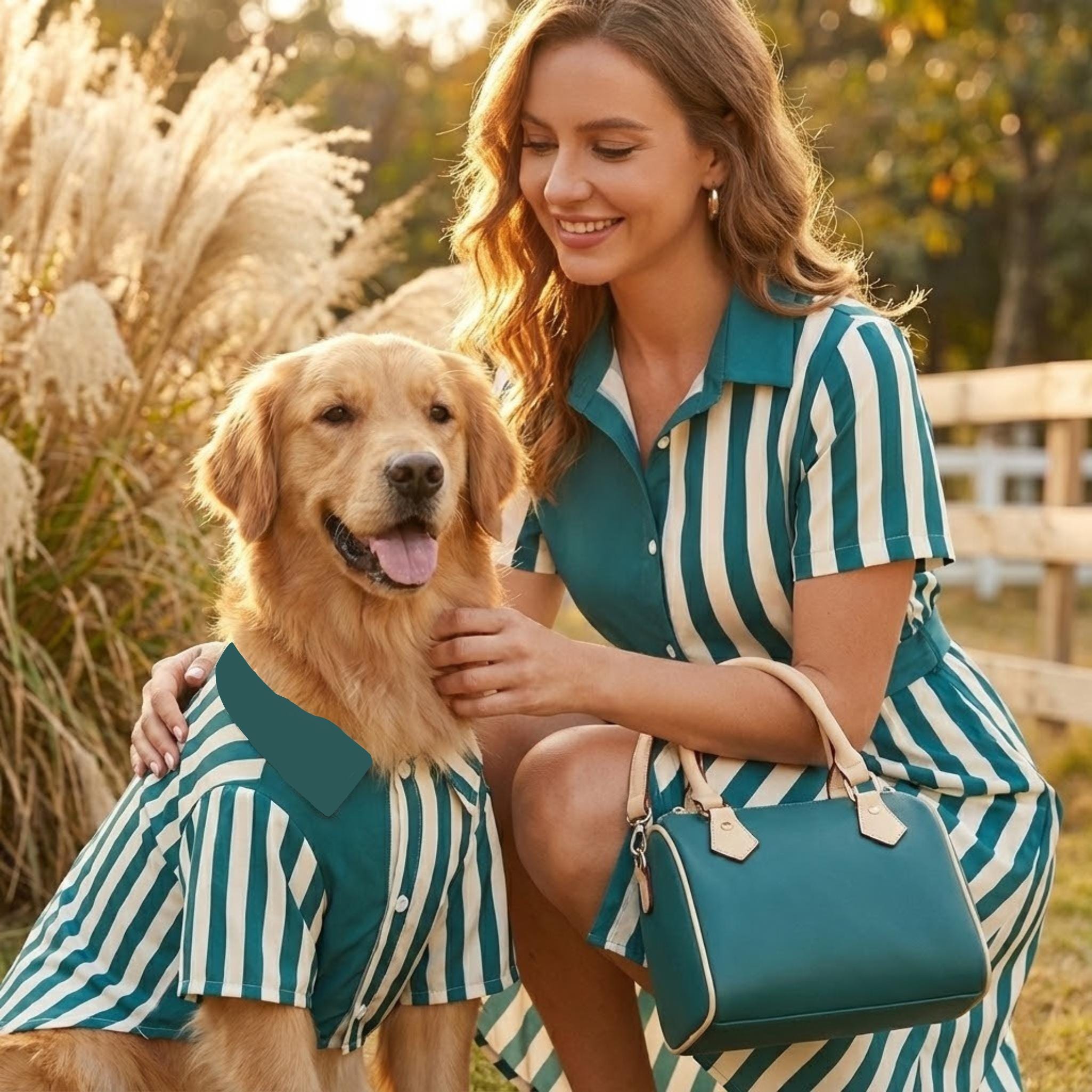 Teal Striped Dress & Pet Shirt