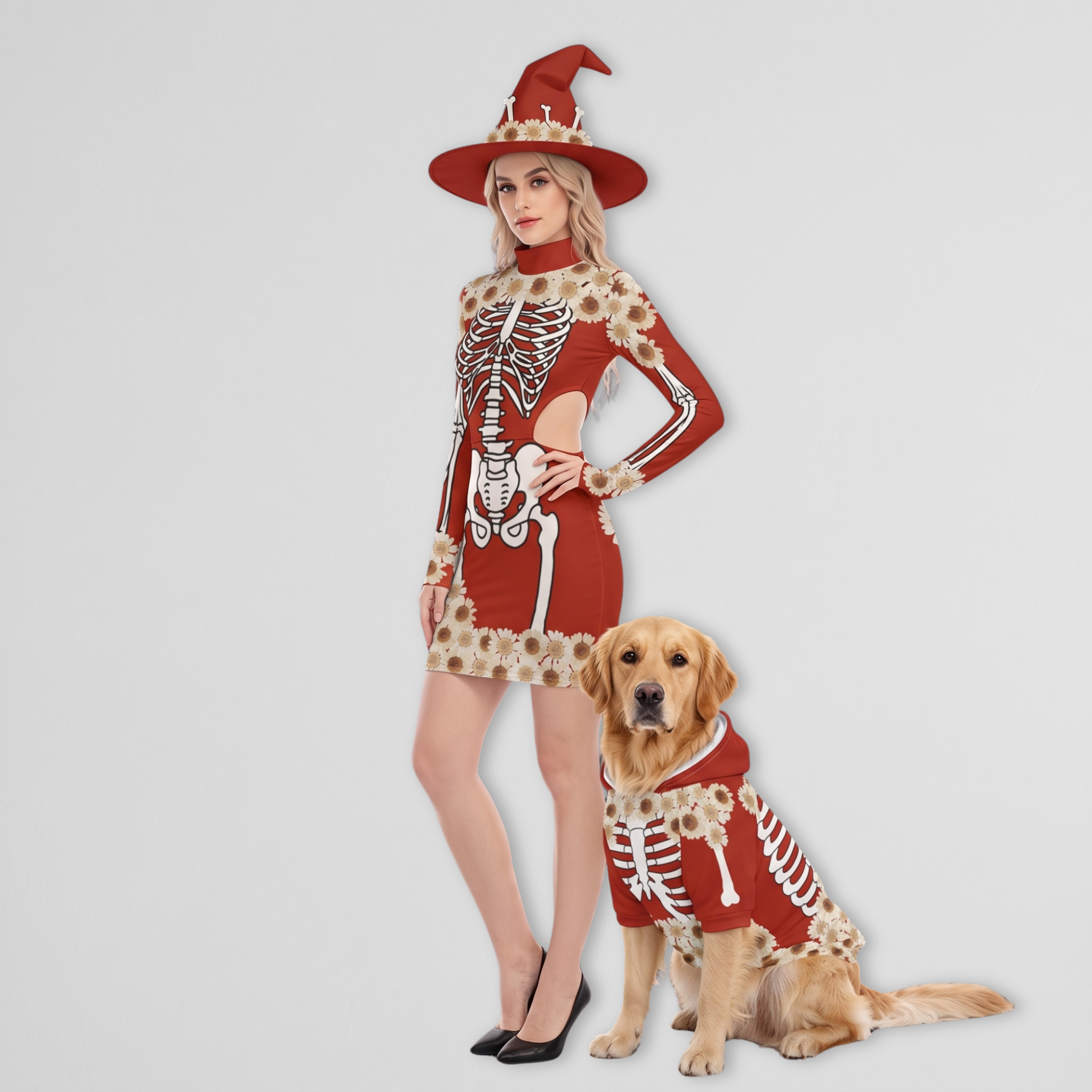 Red Skeleton Dress & Pet Hoodie