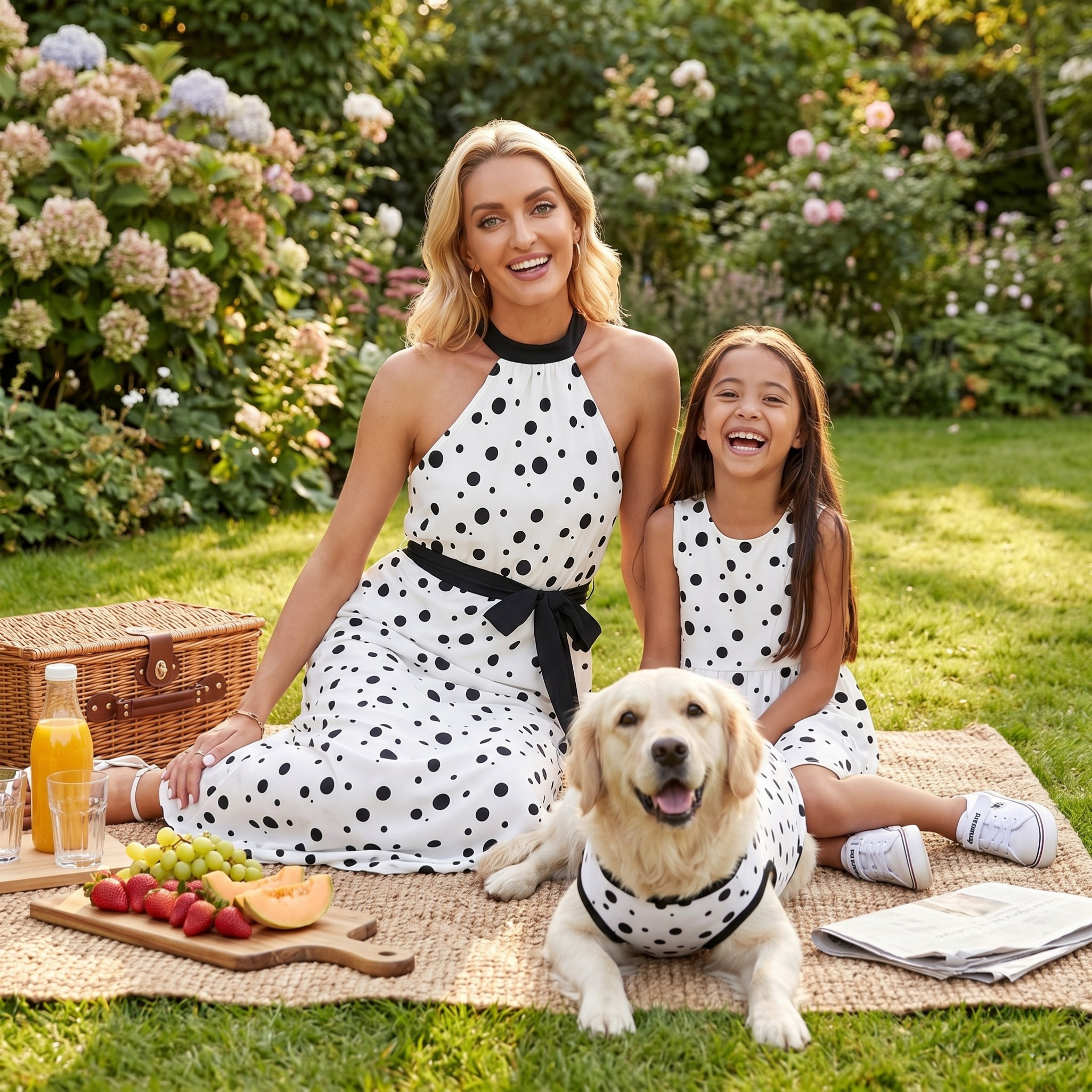 Polka Dot Women's & Kid's Dresses with Dog Tank