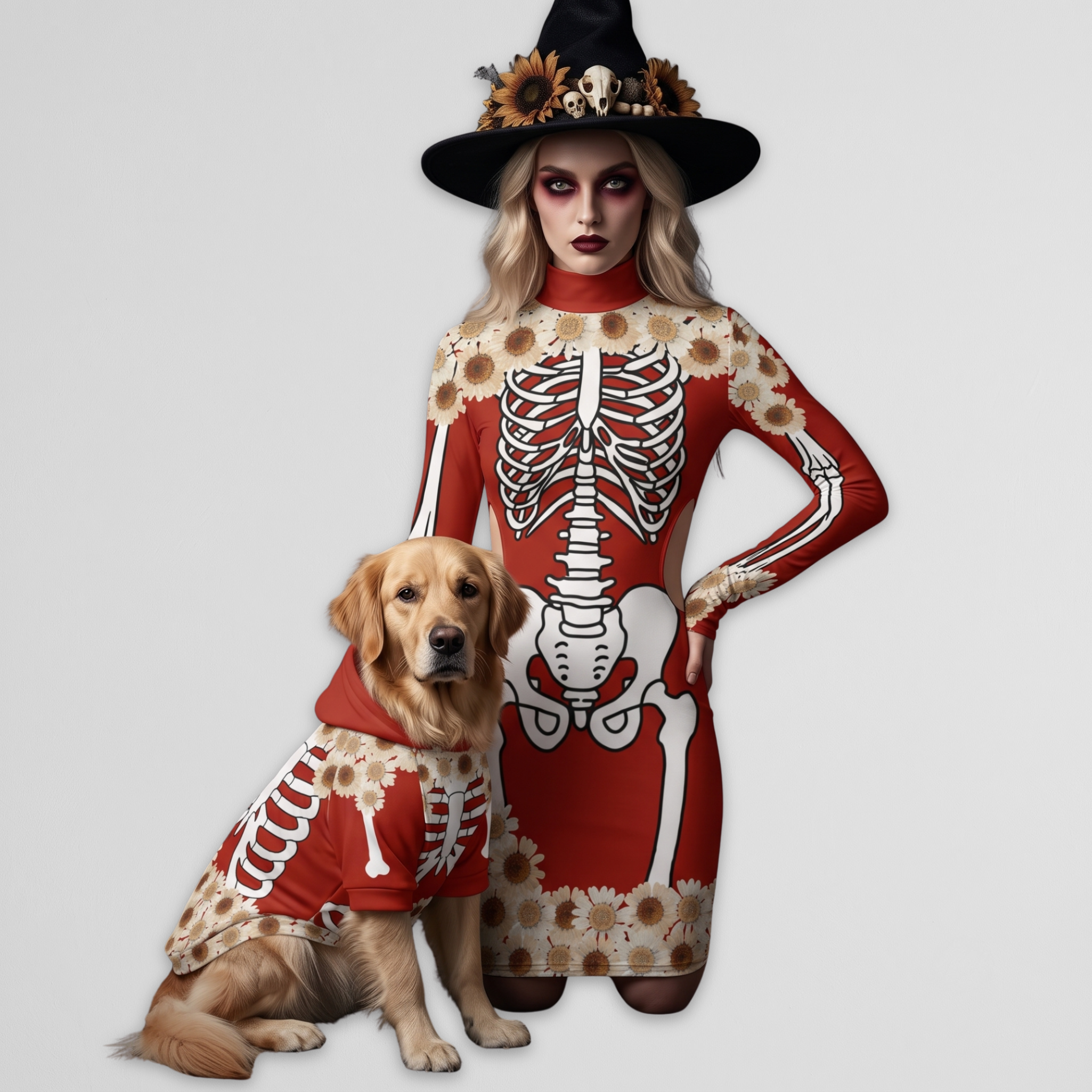 Red Skeleton Dress & Pet Hoodie