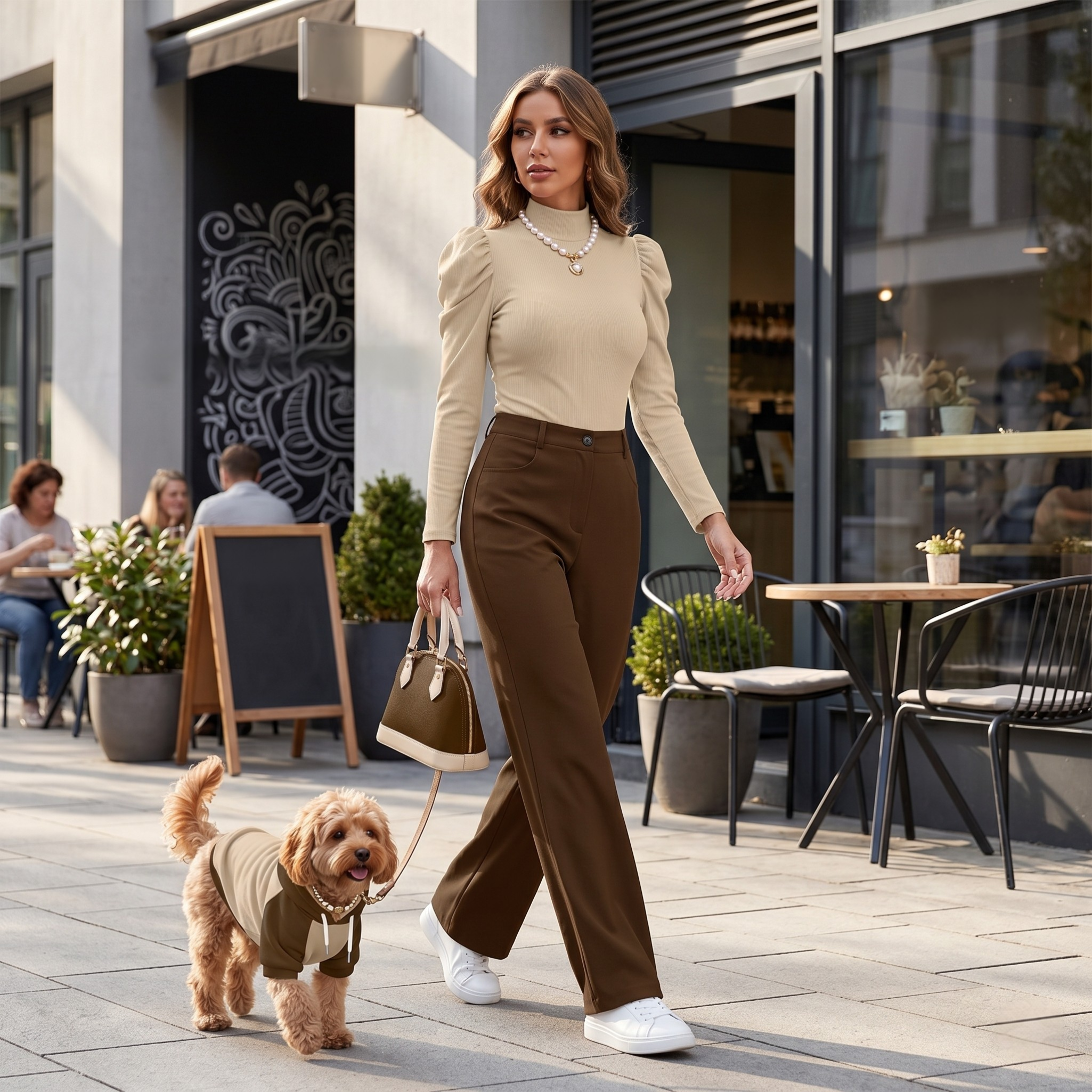 Beige & Brown Bodysuite and Pet Hoodie