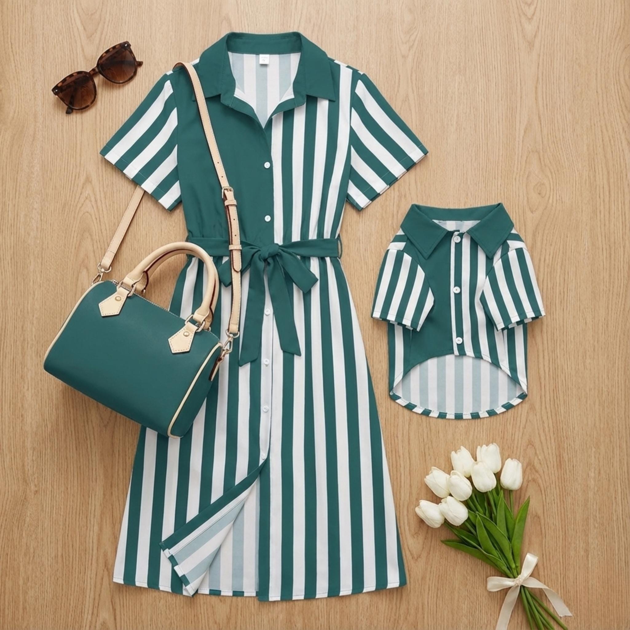 Teal Striped Dress & Pet Shirt