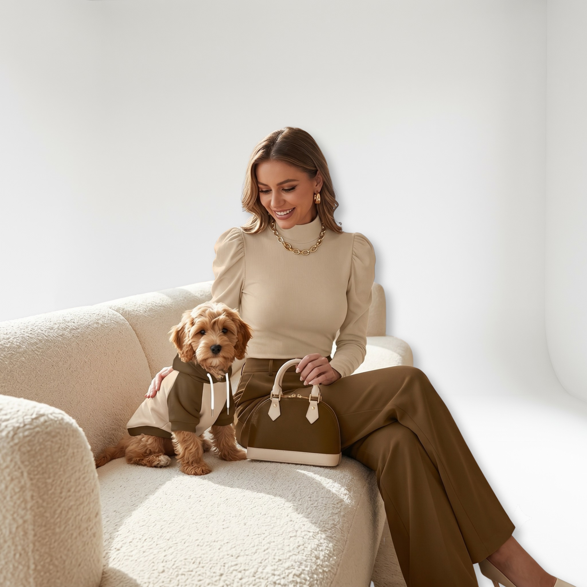 Beige & Brown Bodysuite and Pet Hoodie
