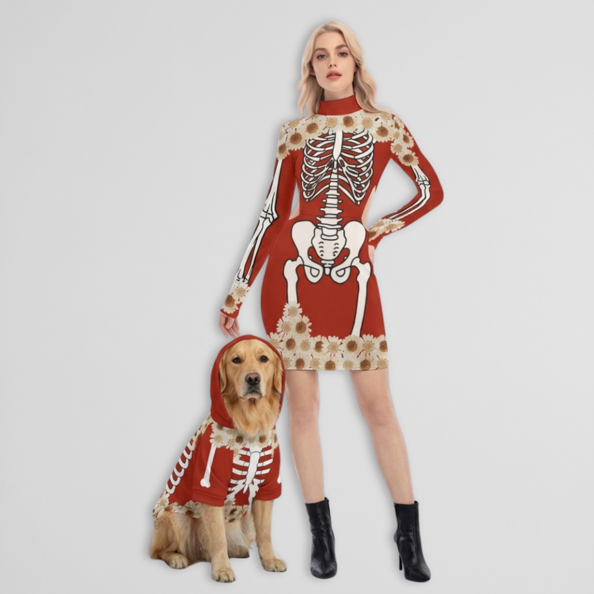 Red Skeleton Dress & Pet Hoodie